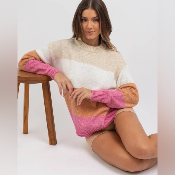 Roxy. Too Far Knit Colorblock stripped Sweater. Cream/orange/white/pink. Med. - Picture 2 of 12